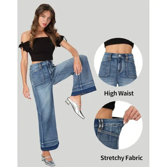 Women’s Wide Leg Jeans High Waisted Stretchy Casual Baggy Denim Pants - Picture 5 of 7